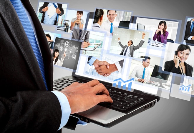 Close up of man having virtual meetings on work laptop
