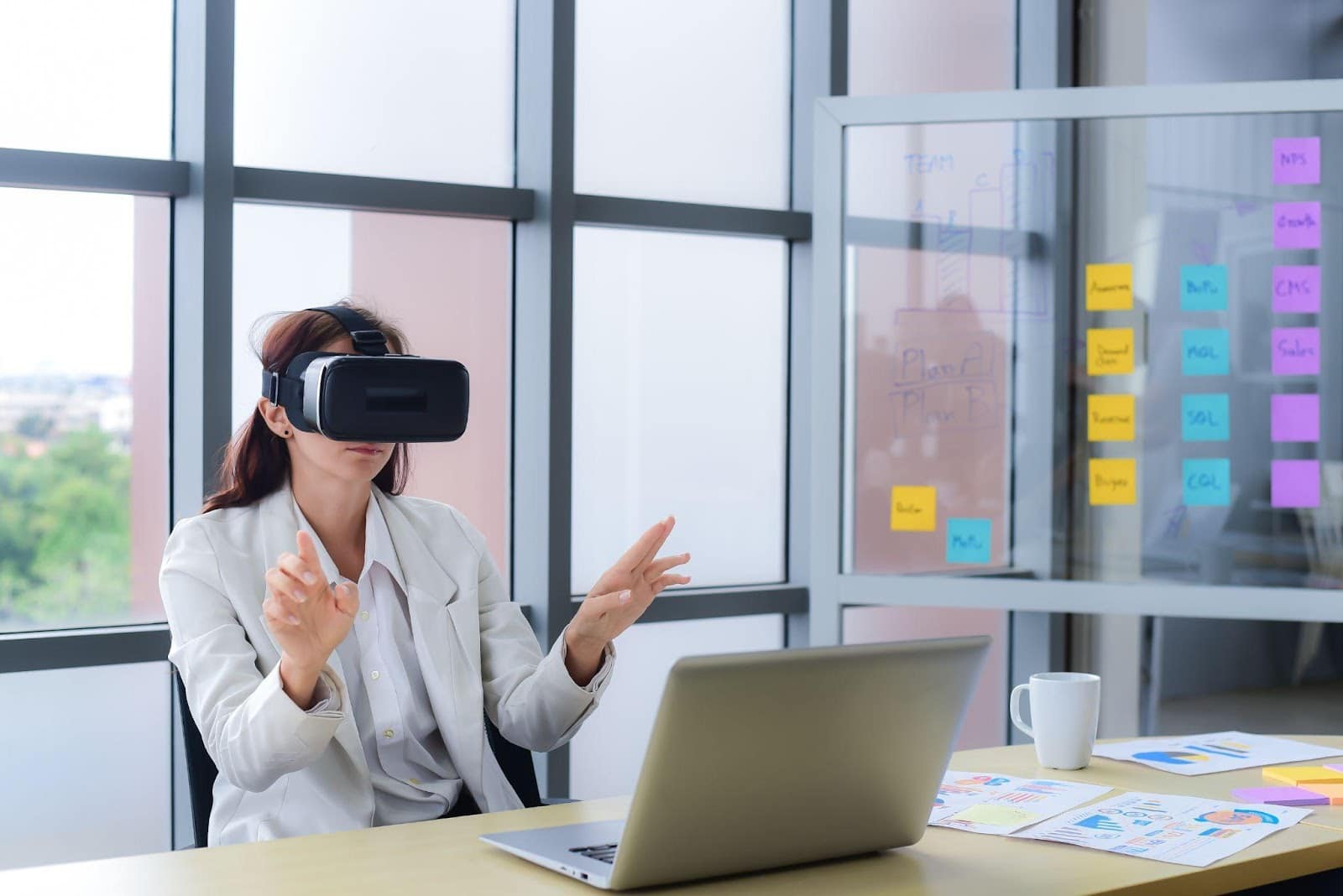 Woman exploring the metaverse using VR headset